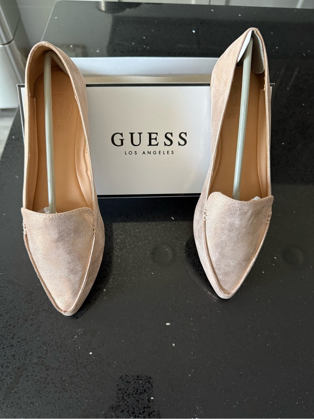 GUESS Pointed Toe Suede Flats Metallic Gold